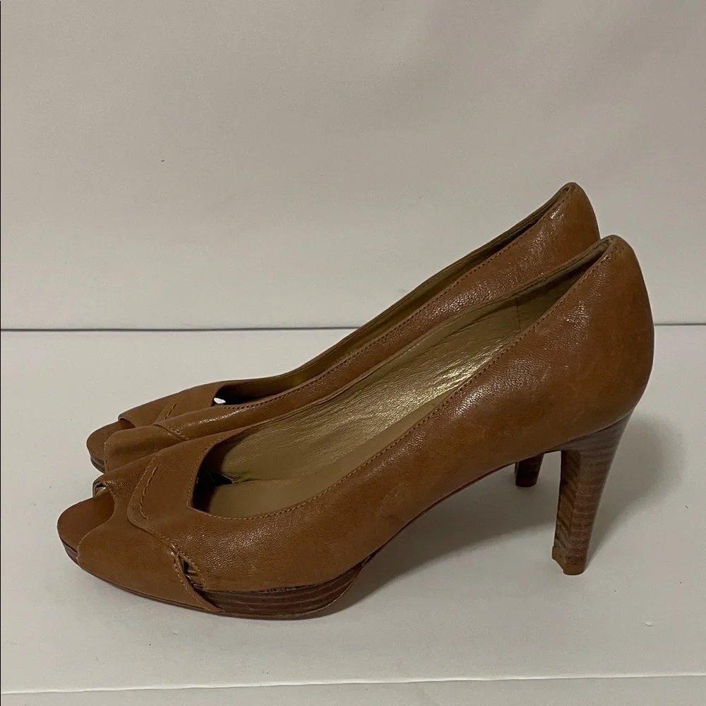 Stuart Weitzman Tan Peep-Toe Heels